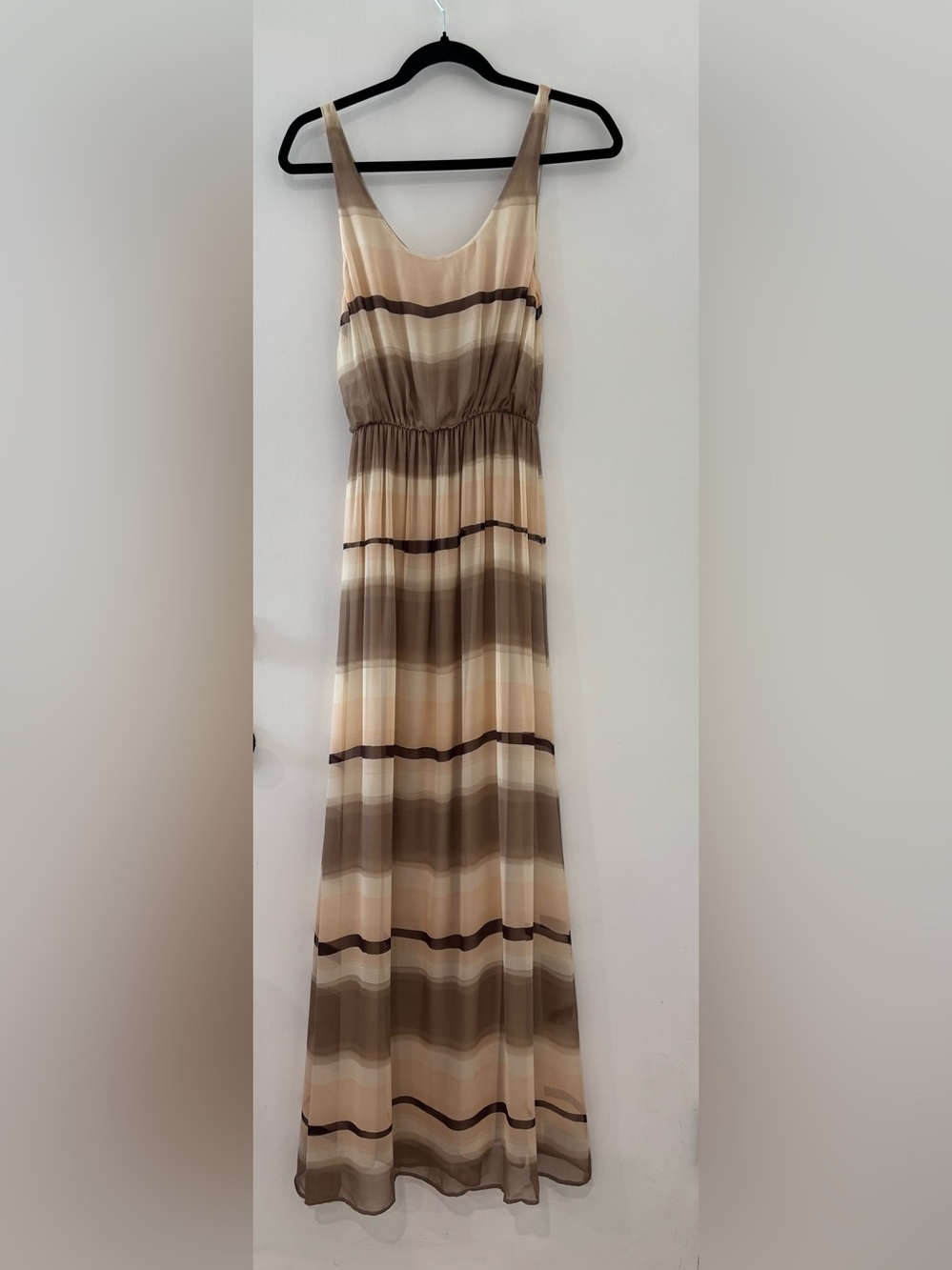 Alice + Olivia 100% Silk Chiffon Striped Maxi Dress Neutral Brown Beige
